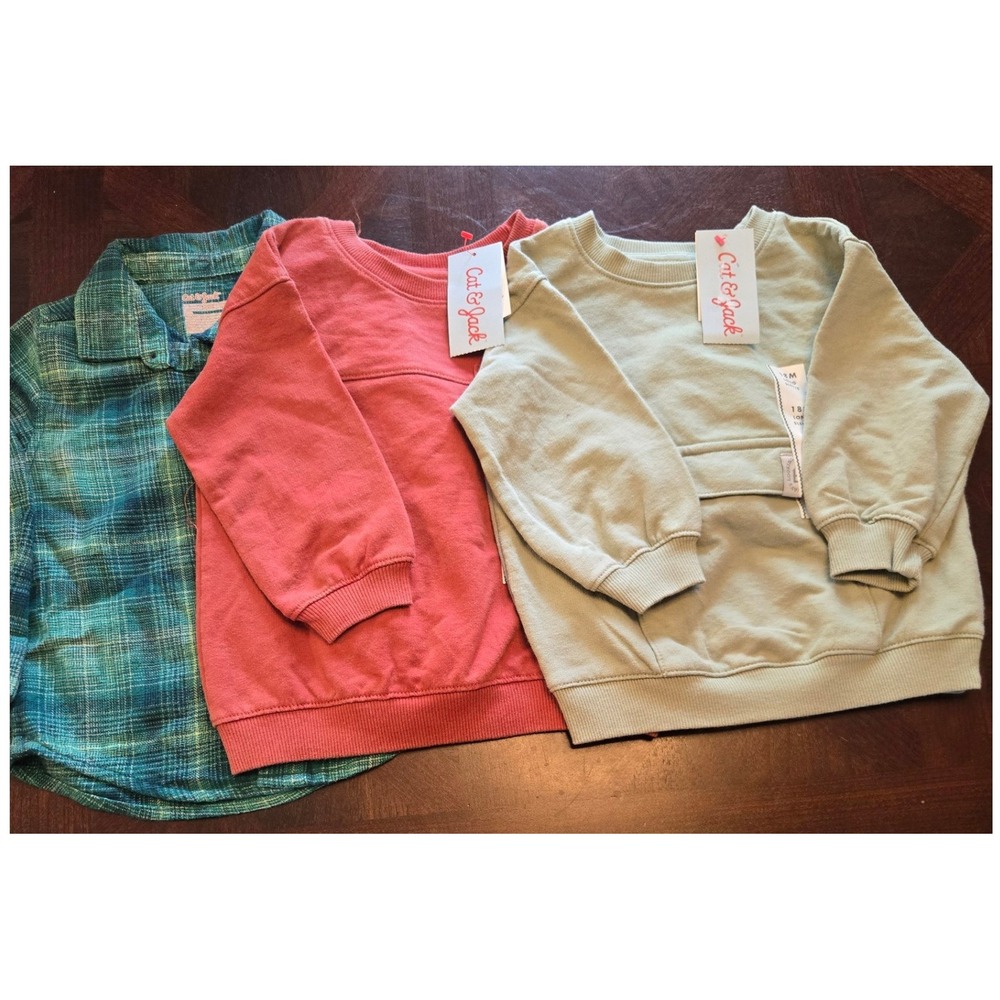 Cat & Jack Toddler Boys 18M Plaid Flannel Shirt & 2 Sweatshirts Bundle Lot NEW